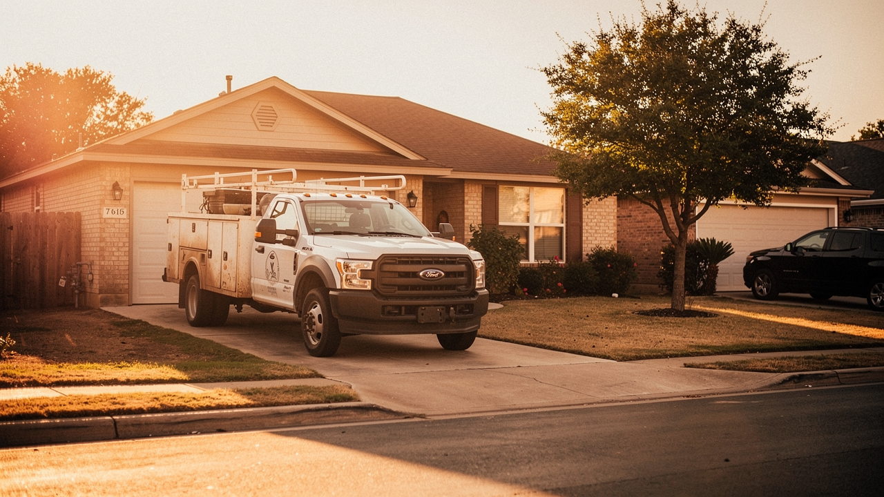 A service truck pulling into an Austin driveway in warm late-afternoon light