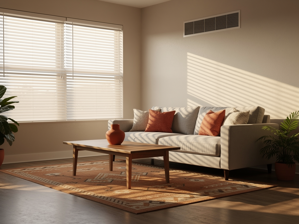 A cool, comfortable Austin living room on a hot day with warm light through the blinds