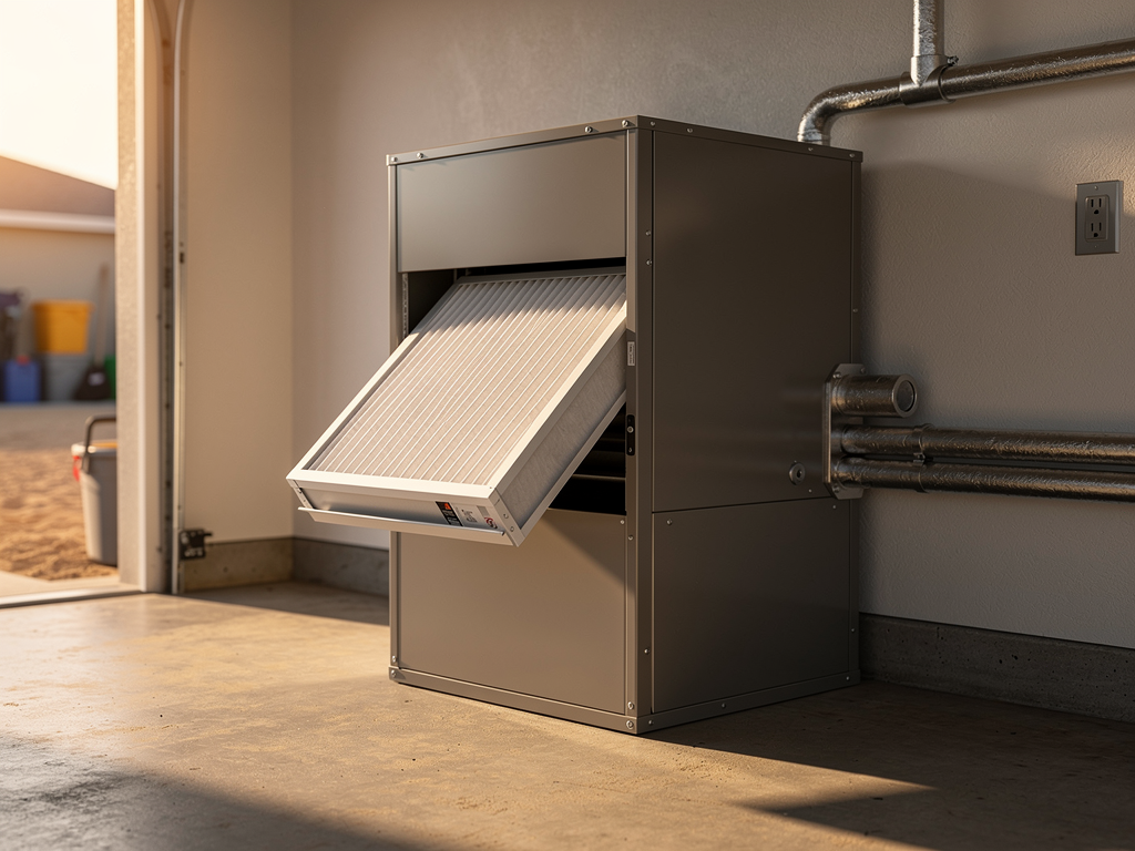 A clean residential HVAC air handler and filter in a Texas garage