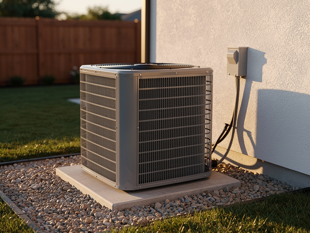 A residential outdoor AC condenser unit beside an Austin home in warm afternoon light